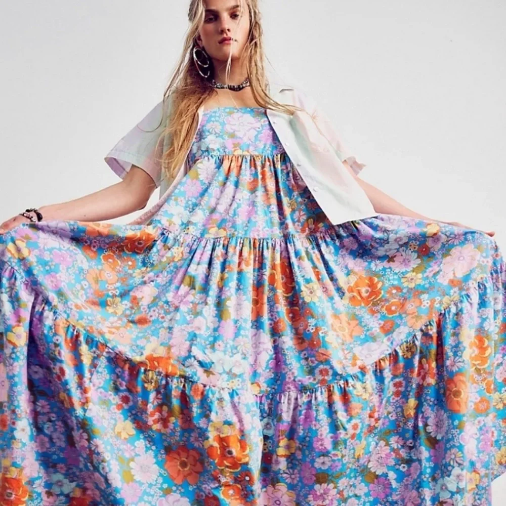 Free People Park Slope Retro Blue Floral Maxi Dress M - Picture 1 of 16